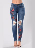 Oasap Fashion Floral Embroidery Ripped Denim Pants