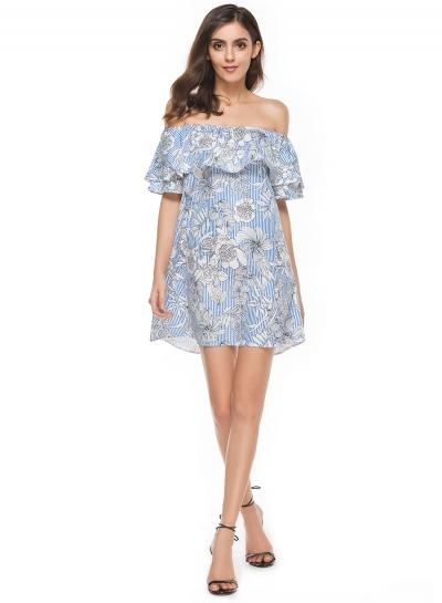 Oasap Slash Neck Floral Print Flounce Dress