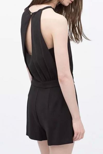 Oasap Cute Black Back Cutout Rompers With Gold-tone Belt