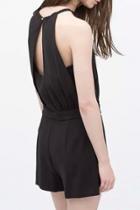 Oasap Cute Black Back Cutout Rompers With Gold-tone Belt