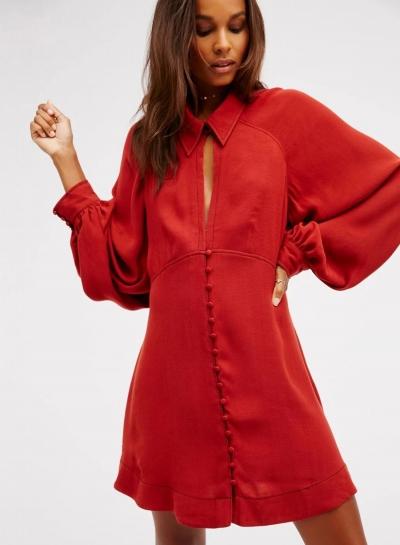 Oasap Lantern Sleeve Hollow Out Mini Shirt Dress