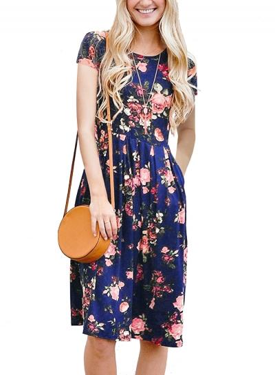 Oasap Round Neck Short Sleeve Floral Printed Midi Dress