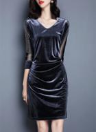 Oasap V Neck 3/4 Sleeve Velvet Bodycon Dress