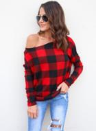 Oasap Scoop Neck Long Sleeve Plaid Tee Shirt