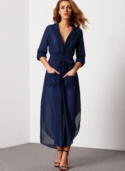 Oasap V Neck Long Sleeve Slit Solid Color Dress