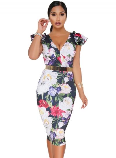 Oasap Sexy Dark Blue Bodycon Midi Dress With Floral Print