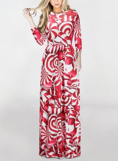 Oasap Christmas Style Print 3/4 Sleeve Maxi Dress