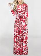Oasap Christmas Style Print 3/4 Sleeve Maxi Dress