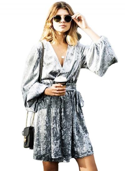 Oasap Deep V Neck Long Sleeve Velvet Dress With Belt