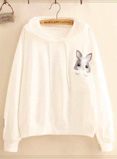Oasap Long Sleeve Solid Color Rabbit Embroidery Hoodie