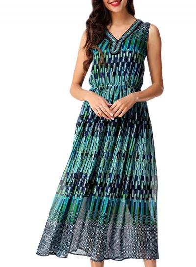Oasap Women's V Neck Elastic Waist Boho Print Chiffon Dress