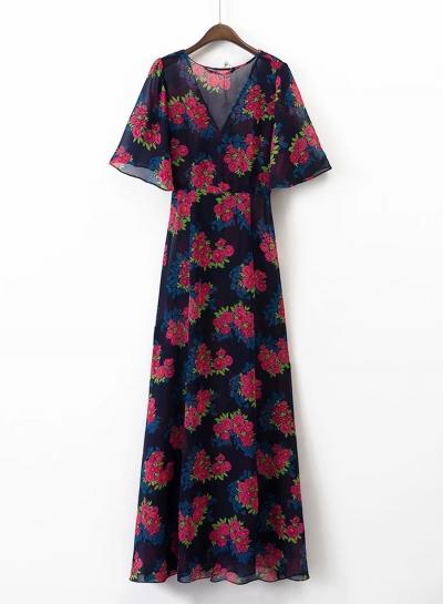 Oasap V Neck Floral Print Chiffon Maxi Dress