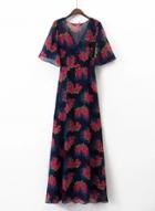 Oasap V Neck Floral Print Chiffon Maxi Dress