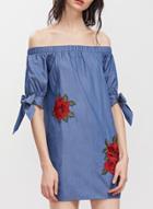 Oasap Slash Neck Floral Embrodery Bow Tie Sleeve Denim Dress