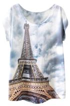 Oasap Casual Eiffel Tower Print Cap Sleeve Round Neck Tee