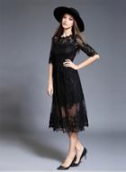 Oasap Elegant Half Sleeve Midi Lace Dress