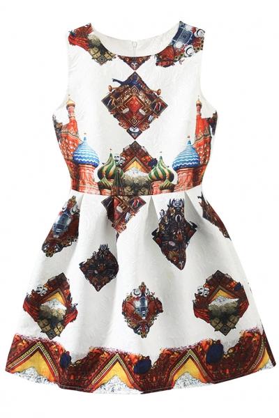 Oasap Vintage Jacquard Pleated White Skater Tank Dress