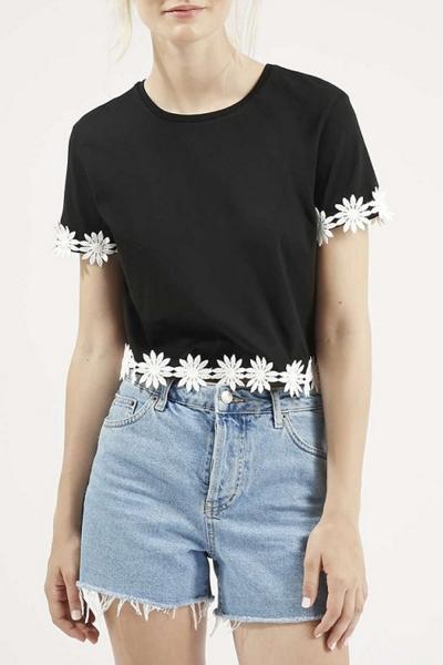 Oasap Sweet Lace Floral Paneled Short Sleeve Knit Tee