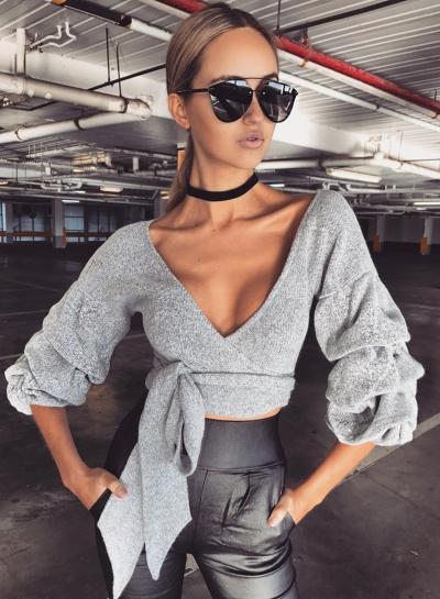 Oasap Hot Deep V Neck Long Sleeve Tie Front Knitwear