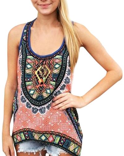 Oasap Women's Fashion Scoop Neck Sleeveless Tribal Print Top