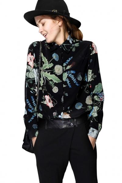 Oasap Sweet Black Floral Button Down Blouse