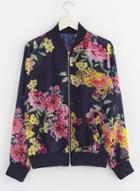 Oasap Stand Collar Floral Printed Zipper Coats