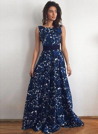 Oasap Elegant Sleeveless Backless Floral Printed Maxi Evening Dress
