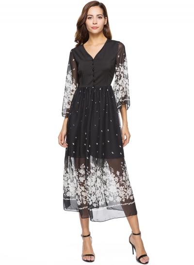 Oasap V Neck Flare Sleeve Floral Printed Chiffon Dress