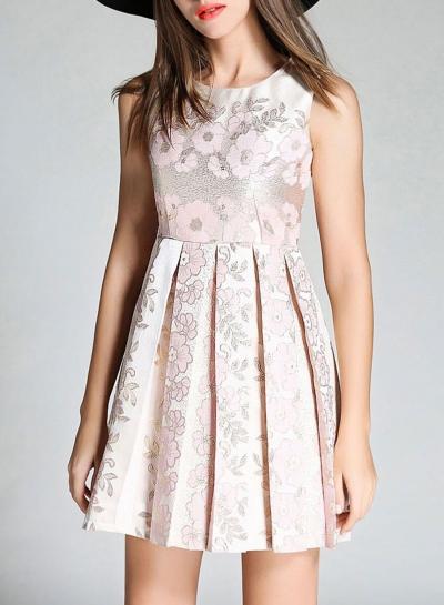 Oasap Women's Elegant Floral Jacquard Round Neck Pleated A-line Dress