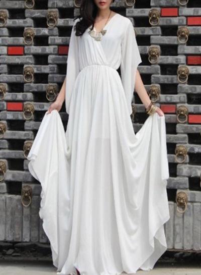 Oasap Boho Solid V Neck Flare Sleeve Solid Maxi Dress