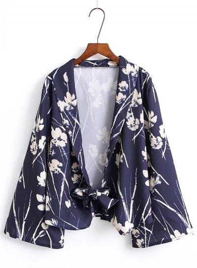 Oasap Long Sleeve Floral Print Bow Tie Waist Blazer