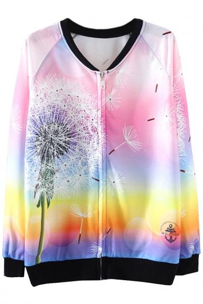 Oasap Dip Dye Dandelion Print Zip Up Sweatshirt