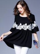 Oasap Round Neck Long Sleeve Lace Splicing Blouses