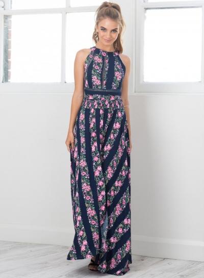 Oasap Boho Floral Off Shoulder Sleeveless Split Maxi Dress