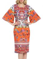 Oasap Women's Casual Half Flare Sleeve National Wind Print Dress