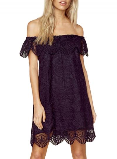 Oasap Women's Slash Neck Off Shoulder Short Sleeve Lace Mini Dress