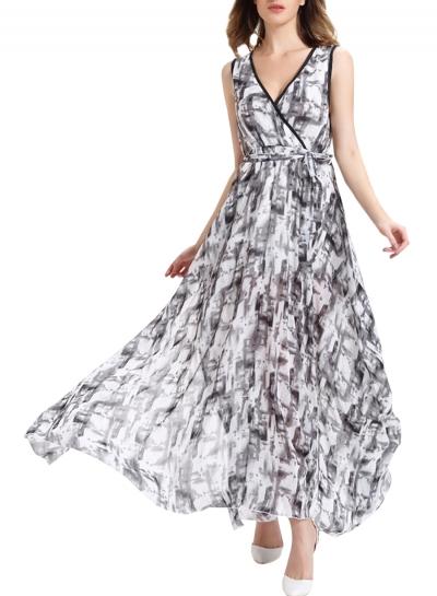 Oasap Women's V Neck Wrap High Slit Printed Maxi Boho Dress