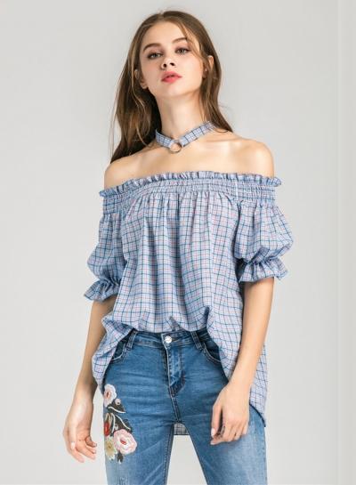 Oasap Fashion Plaid Loose Fit Off Shoulder Short Sleeve Blouse