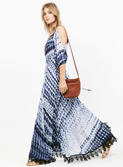 Oasap Women's Dot Print Cold Shoulder Plunge Neck Maxi Dress
