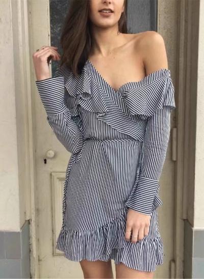 Oasap One Shoulder Long Sleeve Ruffle Stripe Dress