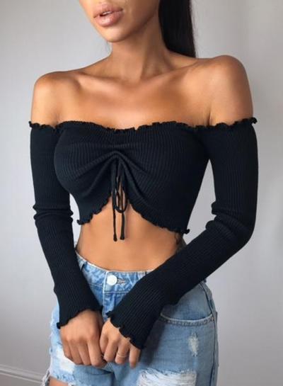 Oasap Slash Neck Long Sleeve Solid Color Crop-top