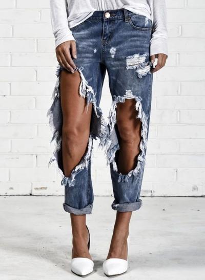 Oasap Knee Ripped Big Hole Denim Pencil Pants
