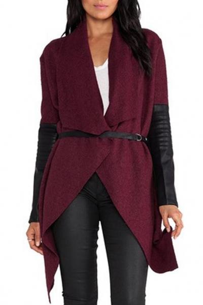 Oasap Chic Asymmetric Pu Paneled Open Front Belted Coat