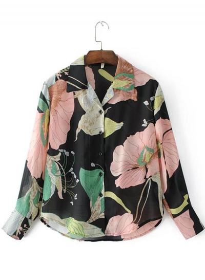 Oasap Turn Down Collar Long Sleeve Floral Printed Button Down Shirt