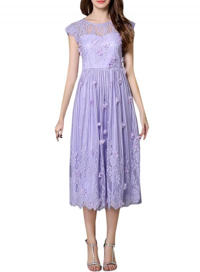 Oasap Women's Elegant Flower Lace Party Prom Midi Pleated Dress