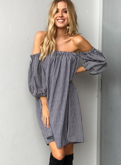 Oasap Slash Neck Lantern Sleeve Plaid Mini Dress