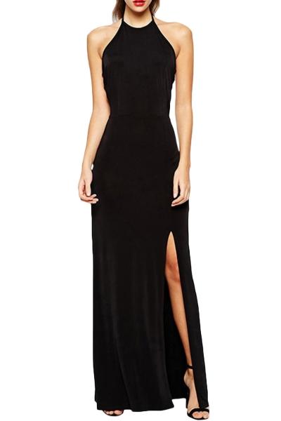Oasap Women Vintage Black Side Slit Backless Halter Party Dress