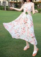 Oasap Bohemian Round Neck Floral Print Sleeveless Maxi Dress
