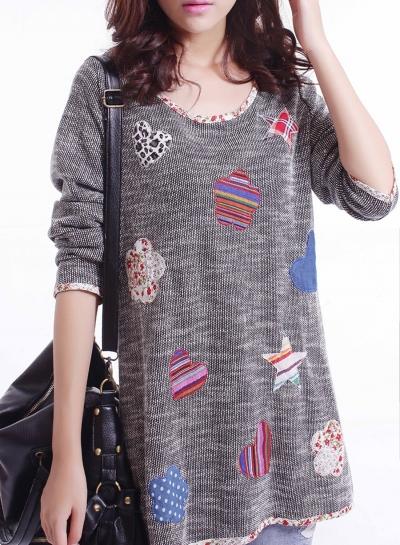 Oasap Round Neck Long Sleeve Appliques Decoration Tee Shirt