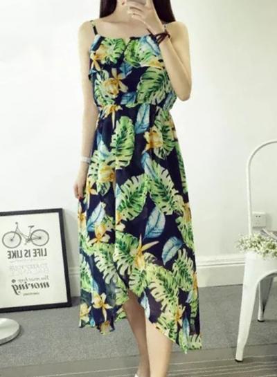 Oasap Spaghetti Strap Ruffle Sleeveless Floral Midi Dress